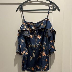 Floral Navy Cold Shoulder Bell Sleeve Blouse